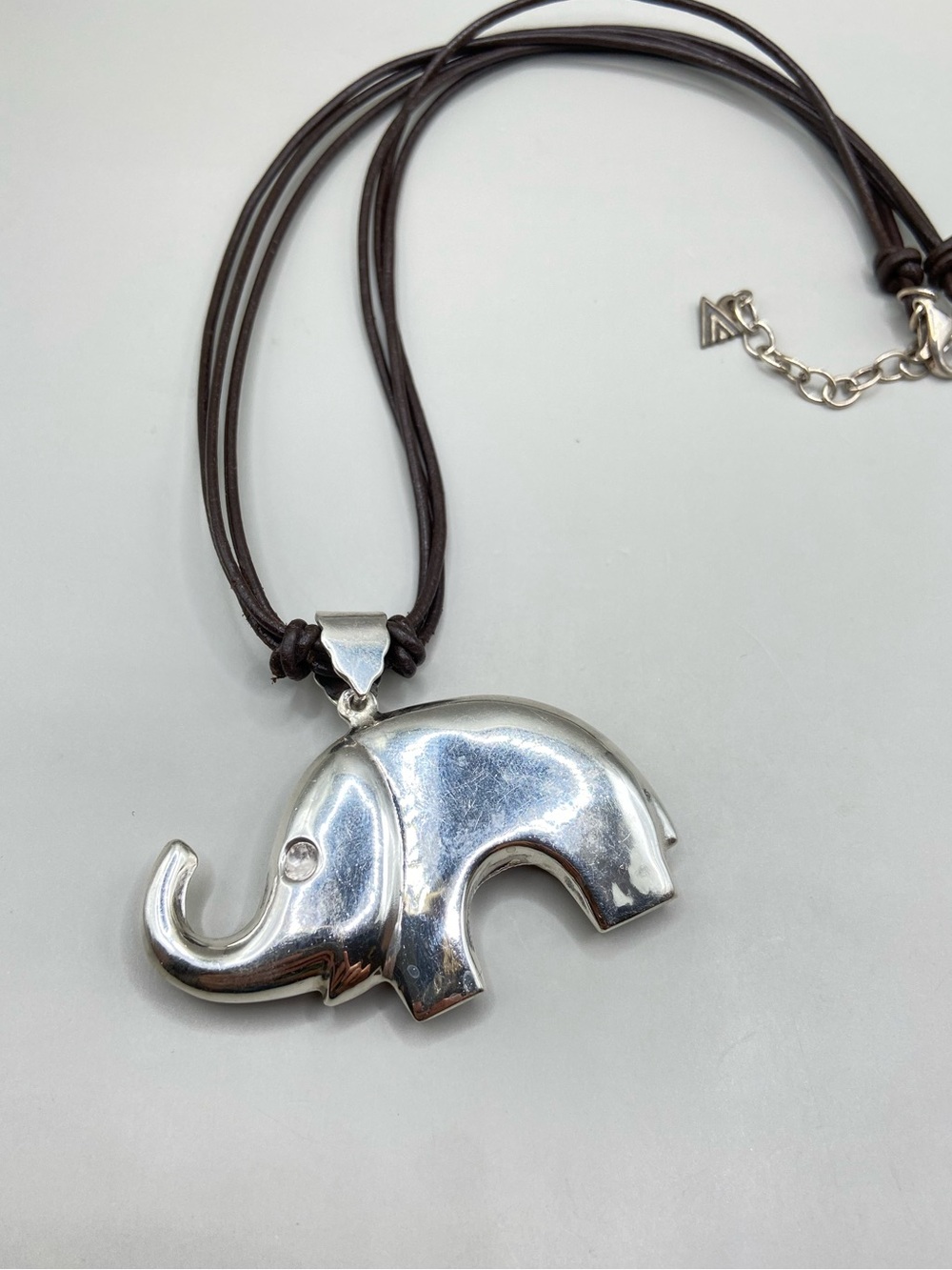Sterling Silver Large Elephant Pendant on Silpada Brown Leather Necklace